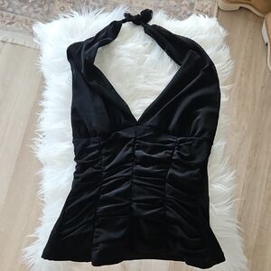 Aqua Black Halter Ruched V-Neck Top (Neiman Marcus)